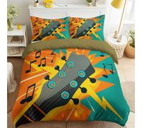 Générique Musique Dessin Animé Housse de Couette Extension Éclair Guitare Note Musique Parure de Lit Literie Set Enfants Adultes 260 x 240 cm avec Taie d'oreiller Doux Décoration de Chambre, Orange