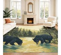 Générique Naturel Sauvage Salon Chambre Tapis Enfants Tapis Ours Noir Forêt Rivière Animal Vert Or Imprimé Doux Flanelle 120 x 160 cm - Doux Au Toucher Facile À Nettoyer