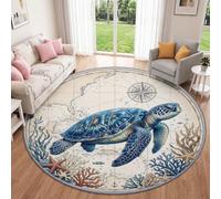 Générique Nautique Vintage Tapis Rond Salon 160 cm Lavable Blanc Cassé Bleu | Océan Tortue de Mer Corail Algue Étoile de Mer Antidérapant Tapis Rond Chambre Adulte Descente Lit Salle Manger Bureau