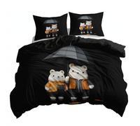 Générique Noir Housse de Couette Enfant Parapluie Ours De Dessin Animé Parure de Lit 3 Pièces, Microfibre Confortable, Fermeture Éclair & Attaches d'Angles - Linge de Lit Chic - 140 x 200 cm