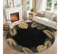 Générique Noir Tapis Rond Lavable en Machine Plantes Tropicales 160 cm | Monstera Deliciosa Feuilles Palmier Tapis Rond imprimé Antidérapant à Poils Courts Doux Tapis pour Décoration de Chambre