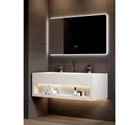 Générique Pack Meuble Double Vasque Design LED 120cm Blanc Effet marbre en Ceramique + Miroir LED 120 cm (120)