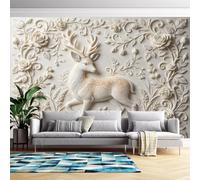 Générique Papier Peint Adhésif 3D En Relief, Motif Fleurs Et Cerfs Sika, 140 Cm (H) X 210 Cm (L), Pour Salon Et Chambre-Décoration Florale Luxueuse