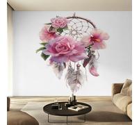 Générique Papier Peint Attrape-rêves Papier Peint Panoramique Dream Catcher Fleur Rose Plumes Papiers Peints Intissé Fresque Murale, Decoration Chambre Salon Wallpaper, 500 x 260 cm O&-O