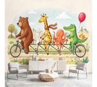 Générique Papier Peint Intissé Dessin Animé Animal Vélo Animaux de la Forêt Girafe 450 x 315 cm Papier Peint Panoramique Grandes Décoration Murale pour Salon Chambre Décor Fond TV
