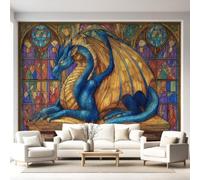 Générique Papier Peint Intissé Fantasy Rétro Bande Dessinée BD Animaux Dragon Livres Vitrail 250 x 175 cm Papier Peint Panoramique Grandes Décoration Murale pour Salon, Chambre, Décor Fond TV
