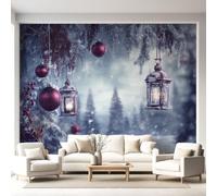 Générique Papier Peint Intissé Hiver Botanique Onirique Noël Lanternes Neige 450 x 315 cm Papier Peints Panoramique Grandes Décoration Murale pour Salon, Chambre, Décor Fond TV