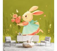 Générique Papier Peint Intissé Lapin Prairie de Dessin Animé Animal Floral Panoramique Fresque Murale, Papier Peint Panoramique Pour Salon Chambre Fond TV Décoration - 150 x 105 cm