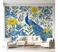 Générique Papier Peint Intissé Paon bleu Fleurs en boutons De Oiseau Floral Aquarelle Animal Panoramique Fresque Murale, Panoramique Pour Salon Chambre Fond Tv Décoration -250x175cm Facile À Poser
