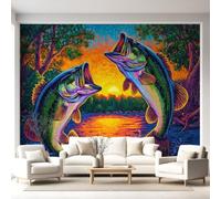 Générique Papier Peint Intissé Perche Bass Lac Arbres De Poissons Botanique Animaux Vintage Panoramique Fresque Murale, Papier Peint Panoramique Pour Salon Chambre Fond Tv Décoration - 200 x 140 cm