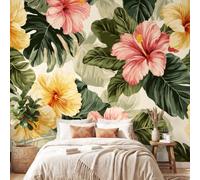 Générique Papier peint intissé style Vintage, Doux, Rêveur, papier peint panoramique Hibiscus, Floral mural pour meuble en rouleau, salon, décoration murale 350 x 256 cm