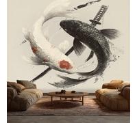 Générique Papier Peint Japon Carpes Koï, Tapisserie Murales Intissé | Panoramique Samouraï Couteau 3D Grandes poster Mural Photo, Chambre, Salon, Décoration Murale 350 x 256 cm