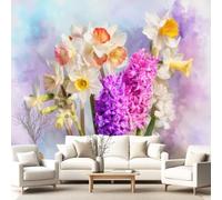 Générique Papier Peint Jonquilles Jacinthe Aquarelle Panoramique 3D Doux Onirique Pastel Floral Botanique Papier Peint 3D Géant Salon, Chambre,Chambre d'Enfant Décoration Murale 500 x 280 cm