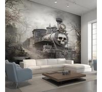 Générique Papier Peint Locomotive Crâne Panoramique 500 x 350 cm, Papier Peint Intissé Train à Vapeur Crâne Gothique Décoration Murale, Papiers Peints pour Salon Chambre saf-14