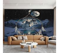 Générique Papier Peint Loup et Lune, Intissé Murale 350x256cm | Papier Peint Panoramique Attrape-Rêves Ciel Étoilé, Chambre Wallpaper, Fresque, Salon Deco D&O216