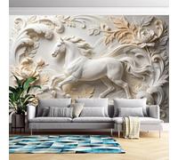 Générique Papier Peint Mural 3D En Relief Avec Pivoines Et Chevaux | 350 Cm (L) X 266 Cm (H) - Stickers Muraux Modernes Effet Relief Pour Chambre Et Salon - Intissé - Ne Nécessite Pas De Décoll