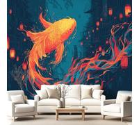 Générique Papier Peint Oriental, Magique, Néon Papier Peint Panoramique 300 x 210 cm Pour Salon Chambre D'Enfant décoration Chambre d'Enfant Décoration Murale Chaleureux, Poisson Koi, Lanterne