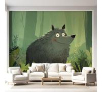 Générique Papier Peint Panoramique Animal Botanical Cartoon 350 x 256 cm(L x H) Mural Grey wolf Forest Green Décoration Murale,Salon Chambre Adulte Chambre D'Enfants Bureau & Toile Fond TV