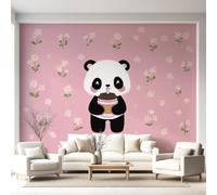 Générique Papier Peint Panoramique Animal Dessin animé Mignon 350 x 256 cm - Décoration Murale Panda Fleurs Rose pastel - Tapisserie Murales Papier Peint Intissé - Poster Tableaux Photo Muraux
