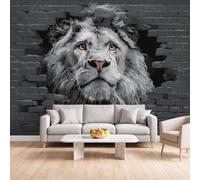 Générique Papier Peint Panoramique Animal Lion, Papier Peint | Mur Brique Gris Fresque Murale Intissée - Décoration Murale 200x140 cm pour Salon Chambre Bureau Décor