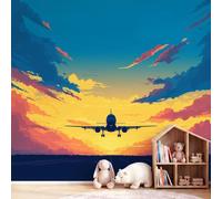 Générique Papier Peint Panoramique Anime Féérique Aviation Pastel 200 x 140 cm(L x H), Papier Peint Intissé Avion Coucher de Soleill Fresque Décoration Murale Salon Chambre Bureau - Non adhésif