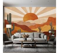 Générique Papier Peint Panoramique Boheme Chambre Salon Cuisine Intissé, Papier Peint Motif Terracotta Orange Soleil Montagne Cactus, Deco Murale Boheme, 350 x 256 cm (Largeur x Hauteur), GG3115