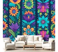 Générique Papier Peint Panoramique Bohème Floral 350 x 256 cm, Rayé Peinture Murale, Papier Peint Géant pour Salon Chambre Salle à Manger Chambre d'Enfant Chambre Toile Fond TV