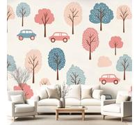 Générique Papier peint panoramique Cartoon Mignon Doux Voiture Arbre Chambre, Salle à Manger Décoration Murale 300 x 210 cm Pour Salon Chambre Décoration Murale