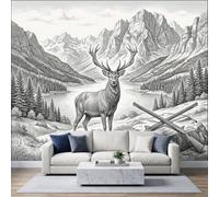 Générique Papier Peint Panoramique Chasse Rustique Sauvage Animal Cerf Vallée, Affiche Murale Noir Blanc, Animal Vintage Papier Peint Mural 3D pour Salon Chambre d'enfants Restaurant 500L x 280H cm