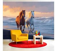 Générique Papier Peint Panoramique, Cheval Plage Coucher Soleil 250 x 175 cm 3D Poster Geant Mural - Animaux Réalistes Papier Peint pour Salon, Adulte Chambre d'enfants et Étude Restaurant Décoration