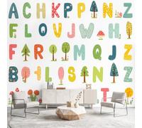 Générique Papier Peint Panoramique Dessin Animé Alphabet ABC Poster Mural, Feuillage Botanique Arbres Papier Peint Intissé Salon Chambre d'Enfant Chambre Canapé TV Fond Décoration - 150 x 105 cm
