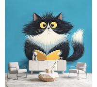 Générique Papier Peint Panoramique Dessin animé Chambre Salon, Papier Peint Intissé Chat Livres Bleu denim Murales Pour Chambre D'Enfant Décoration Murale 250 x 175 cm(L x H)