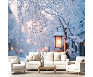 Générique Papier Peint Panoramique Hiver Neige 350 x 256 cm, Poster Géant Mural Papier Peint Intissé, Décoration Fresque Murale Salon Chambre à Coucher Chambre d'Enfants Arbre Lampadaire