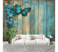 Générique Papier Peint Panoramique Intissé 250x175 cm Papillon RéTro Effet Bois Amovible Format Personnalisé Papier Peint Photo Bleu Murale Salon Chambre Chambre d'enfants Stickers muraux