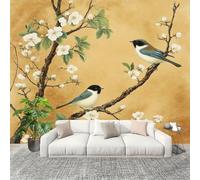 Générique Papier Peint Panoramique Intissé 300x210 cm Fleurs Et D'Oiseaux Style Chinois Amovible Format Personnalisé Papier Peint Photo Brun Murale Salon Chambre Chambre d'enfants Stickers muraux