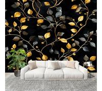 Générique Papier Peint Panoramique Intissé 350x256 cm Feuilles Plantes Modernes Amovible Format Personnalisé Papier Peint Photo Noir Murale Salon Chambre Chambre d'enfants Stickers muraux