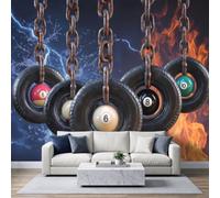 Générique Papier Peint Panoramique Intissé Billard Boule 8 Chaînes Pneus Suspendus, Tapisserie Murale Géante 3D Papier Peint Affiche pour Salon Chambre Chambre d'Enfant Décoration Murale 350x256 cm