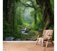 Générique Papier Peint Panoramique Intissé Forêt 300 x 210 cm - Papier Peint Mural Non Tissé pour Salon et Chambre à Coucher TV Fond Décoration - Effet 3D Brumeux Jungle Ruisseau Chemin