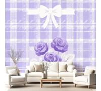 Générique Papier Peint Panoramique Mignonne Pastel Rose Gingham Carreaux 350 x 256 cm Pour Salon Chambre D'Enfant décoration chambre salon -Décoration Murale Doux Nœud Style Japonais À Carreaux