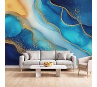 Générique Papier Peint Panoramique Moderne Abstrait, Papier Peint | Marbre Or Bleu Fresque Murale Intissée - Décoration Murale 350x256 cm pour Salon Chambre Bureau Décor