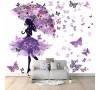 Générique Papier Peint Panoramique Motif Floral Fille Papillon Violet 400x280 cm Poster Geant Mural, pour Salon Chambre Chambre D'enfants Restaurant Décoration Murale