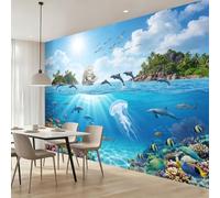 Générique Papier Peint Panoramique Mural Dauphin Île Tropicale | Grande Animal Océan Motif Intissé Papier Peint pour Salon Canapé TV Fond Décoration, 150 x 105 cm Artistique Poster
