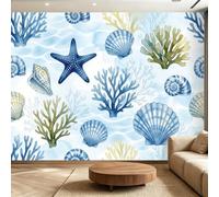 Générique Papier Peint Panoramique Mural Plage Artistique Poster, Grande Étoile De Mer Conque Corail Motif Intissé Papier Peint pour Salon Canapé TV Fond Décoration 300 x 210 cm
