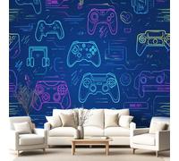 Générique Papier Peint Panoramique Néon Gaming 250 x 175 cm, Manette de Jeu Peinture Murale, Papier Peint Géant pour Salon Chambre Salle à Manger Chambre d'Enfant Chambre Toile Fond TV