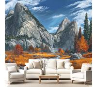 Générique Papier peint panoramique paysage 350 x 256 cm Roche Grise Forêt Conifères Ruisseau Panoramique 3D Monumental Réaliste Rétro Naturel Sauvage Papier Peint Pour Salon Chambre Décoration Murale