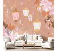 Générique Papier peint panoramique paysage 500 x 280 cm Lanternes Japonaises Perles Fleurs Impression Panoramique 3D Traditionnel Oriental Papier Peint Pour Salon Chambre Décoration Murale