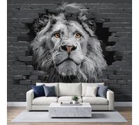 Générique Papier Peint Panoramique Peinture Murale Animal Lion Mur Brique Gris 3D Effet Intissé Grand Tapisserie Papier Peint Mural 300x210 cm pour Salon Chambre D'enfants Restaurant
