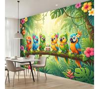 Générique Papier Peint Panoramique Perroquet Jungle Tropicale Poster Mural | Papier Peint Intissé Oiseau Animé pour Salon Chambre Bureau Canapé TV Fond Décoration, 200 x 140 cm