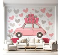 Générique Papier Peint Panoramique Romantique Dessin Animé Mignon Minimaliste Mural Design, 250x175cm Fresque Murale Intissé Boîte Cadeau Voiture Rose Cœurs, Décoration Murale Salon Chambre d'Enfants