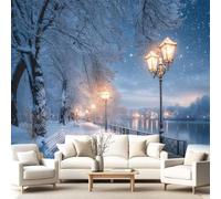 Générique Papier Peint Panoramique Romantique Hiver 250 x 175 cm, Poster Géant Mural Papier Peint Intissé, Décoration Fresque Murale Salon Chambre à Coucher Chambre d'Enfants Neige Lampadaire